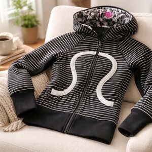 Scuba-Style Lululemon Size 6 Hoodie - Black/White Stripes, Palm Print Lining -